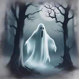 A muscular ghost with defined muscles, floating in a spooky yet whimsical environment