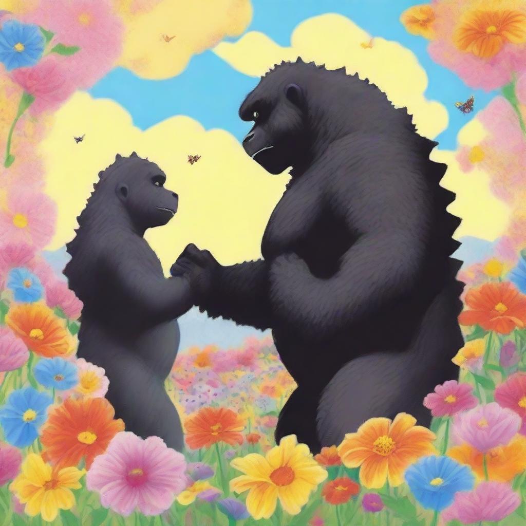 A heartwarming and whimsical scene of Godzilla holding hands with King Kong in a field of flowers