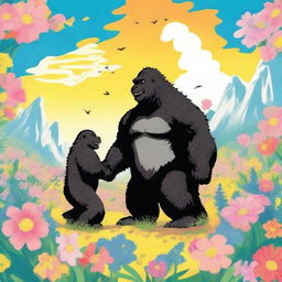 A heartwarming and whimsical scene of Godzilla holding hands with King Kong in a field of flowers