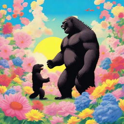 A heartwarming and whimsical scene of Godzilla holding hands with King Kong in a field of flowers