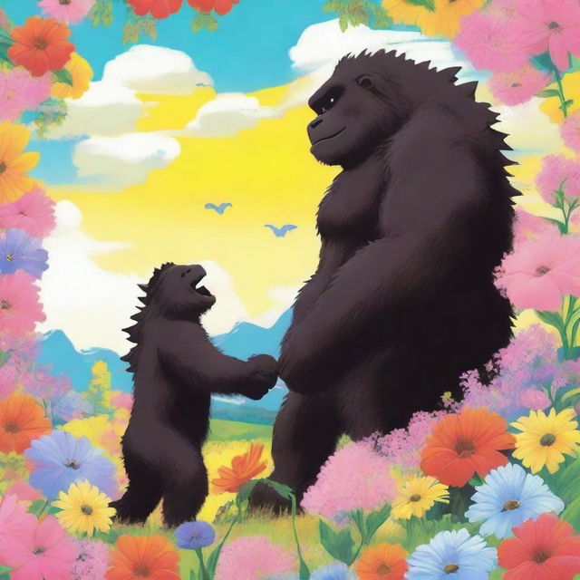 A heartwarming and whimsical scene of Godzilla holding hands with King Kong in a field of flowers