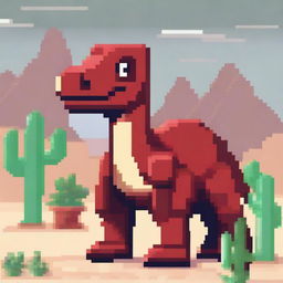 A red dinosaur in the style of the Chrome dinosaur game, standing in a pixelated desert environment with cacti in the background