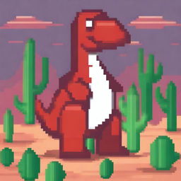 A red dinosaur in the style of the Chrome dinosaur game, standing in a pixelated desert environment with cacti in the background