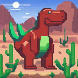 A red dinosaur in the style of the Chrome dinosaur game, standing in a pixelated desert environment with cacti in the background