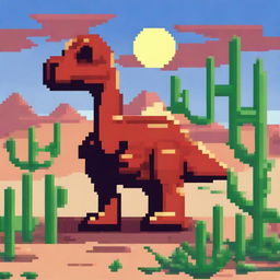 A red dinosaur in the style of the Chrome dinosaur game, standing in a pixelated desert environment with cacti in the background