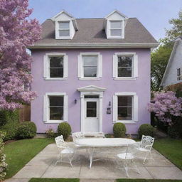 A three-story house with lilac walls, complemented by white windows and doors. It boasts a yard with a white table and chairs.