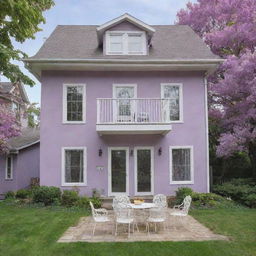 A three-story house with lilac walls, complemented by white windows and doors. It boasts a yard with a white table and chairs.