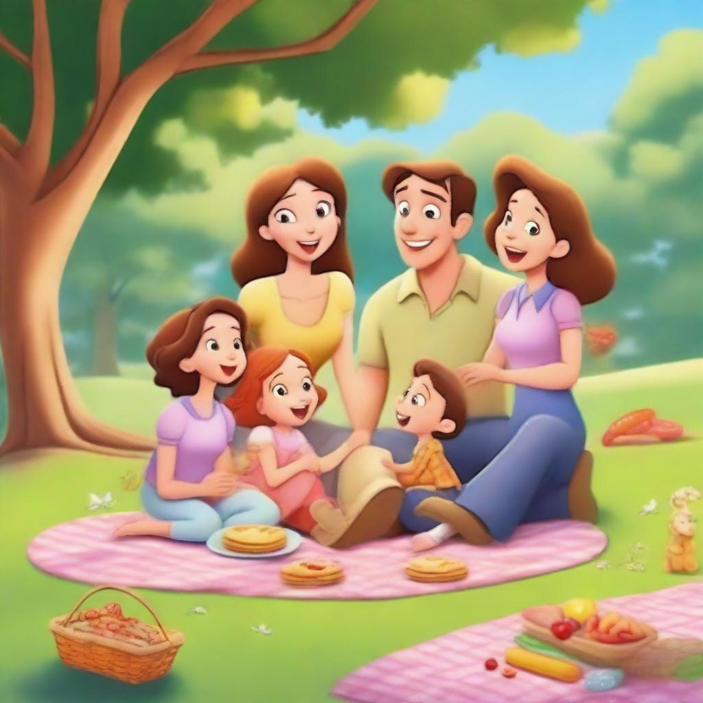 A heartwarming scene from an animated family and kids movie, featuring a joyful family of four - parents and two children - enjoying a picnic in a beautiful, sunny park