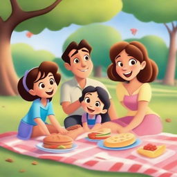 A heartwarming scene from an animated family and kids movie, featuring a joyful family of four - parents and two children - enjoying a picnic in a beautiful, sunny park