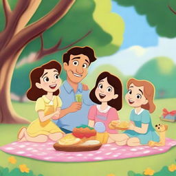 A heartwarming scene from an animated family and kids movie, featuring a joyful family of four - parents and two children - enjoying a picnic in a beautiful, sunny park