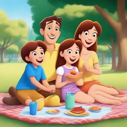 A heartwarming scene from an animated family and kids movie, featuring a joyful family of four - parents and two children - enjoying a picnic in a beautiful, sunny park