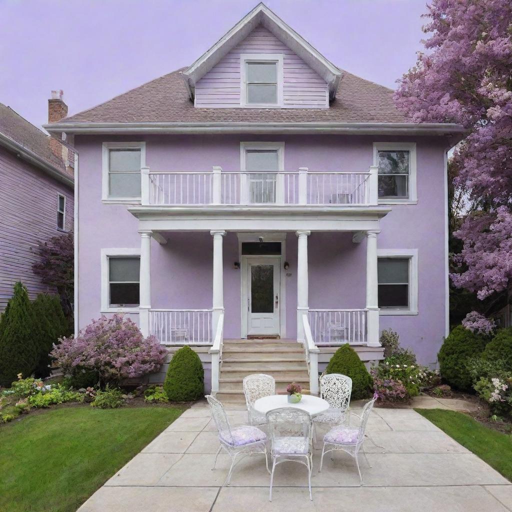 A three-story house with lilac walls, complemented by white windows and doors. It boasts a yard with a white table and chairs.