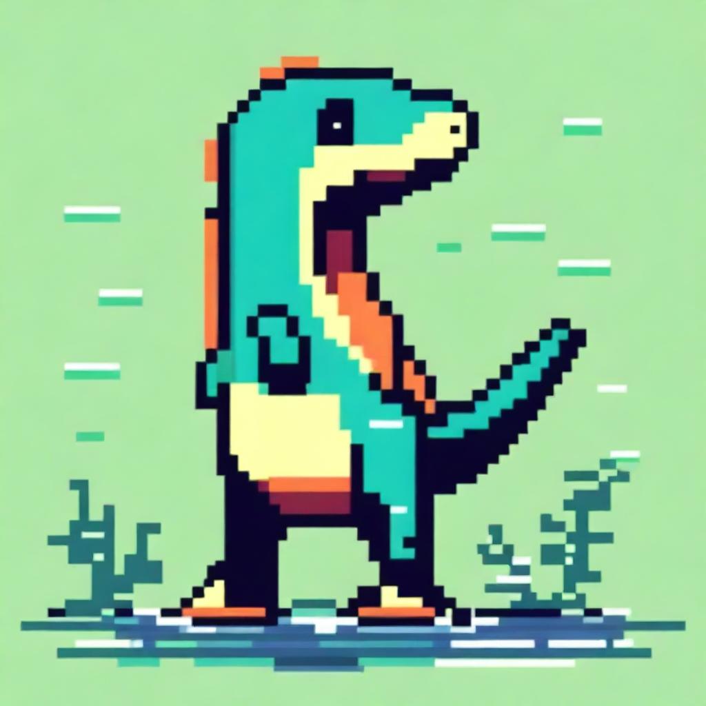 Create a quirky and fun profile image in pixel art style featuring an aquatic predator, specifically a Mosasaurus