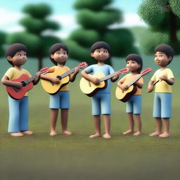 Um grupo de insetos tocando música na grama, renderizado em 3D