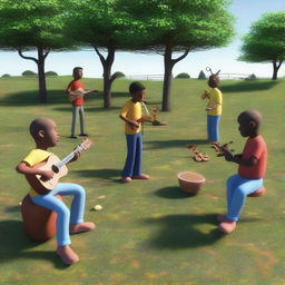 Um grupo de insetos tocando música na grama, renderizado em 3D