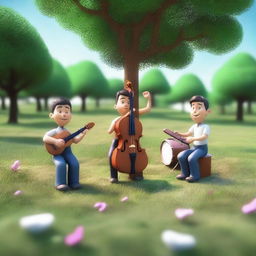 Um grupo de insetos tocando música na grama, renderizado em 3D