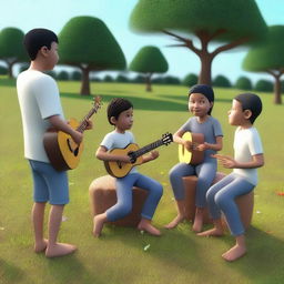 Um grupo de insetos tocando música na grama, renderizado em 3D