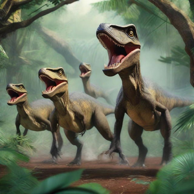 A thrilling scene titled 'Dino Raiders: Velociraptor's Hunt' featuring a group of velociraptors in a dense jungle setting