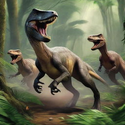 A thrilling scene titled 'Dino Raiders: Velociraptor's Hunt' featuring a group of velociraptors in a dense jungle setting