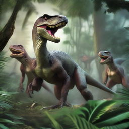 A thrilling scene titled 'Dino Raiders: Velociraptor's Hunt' featuring a group of velociraptors in a dense jungle setting