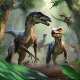 A thrilling scene titled 'Dino Raiders: Velociraptor's Hunt' featuring a group of velociraptors in a dense jungle setting