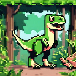 A pixel art profile picture titled 'Dino Raiders: Velociraptor's Hunt' featuring a fierce velociraptor in a dynamic hunting pose