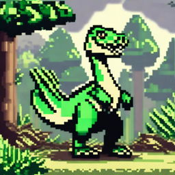 A pixel art profile picture titled 'Dino Raiders: Velociraptor's Hunt' featuring a fierce velociraptor in a dynamic hunting pose