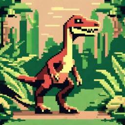 A pixel art profile picture titled 'Dino Raiders: Velociraptor's Hunt' featuring a fierce velociraptor in a dynamic hunting pose