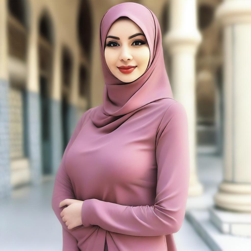 A woman wearing a hijab and tight clothing