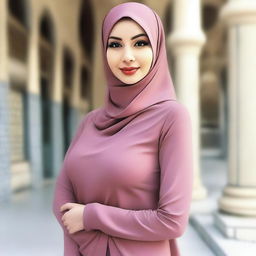 A woman wearing a hijab and tight clothing