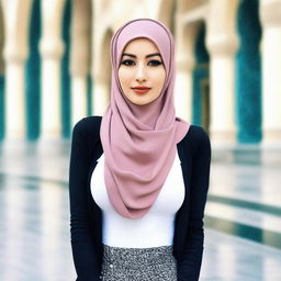 A woman wearing a hijab and tight clothing