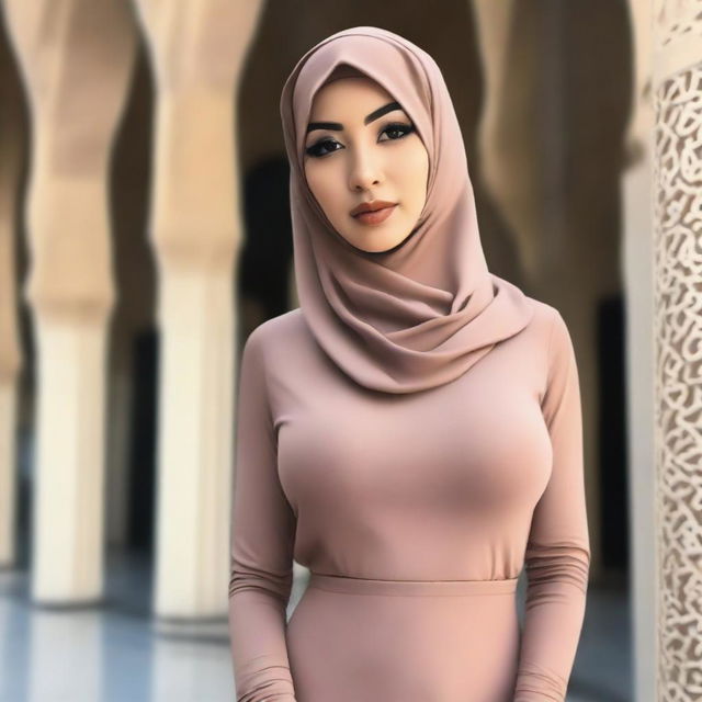 A woman wearing a hijab and tight clothing with a large chest