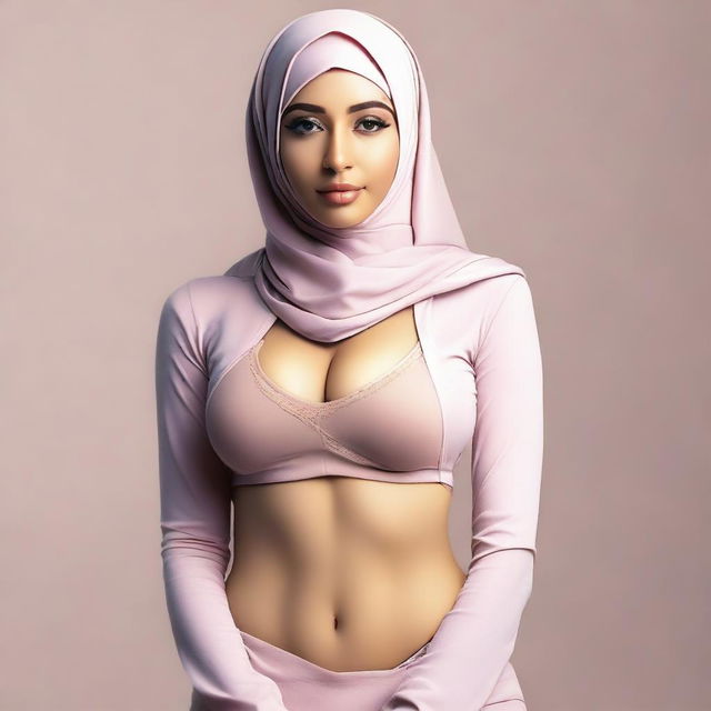 A woman wearing a hijab and tight clothing with a large chest, in a seductive pose