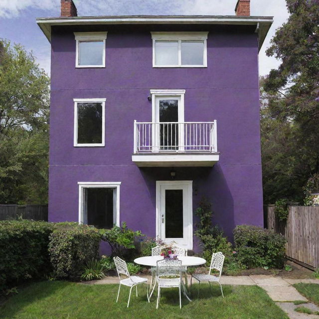 A three-story house with purple walls, featuring white windows and doors. Nestled in the yard are a white table and chairs.