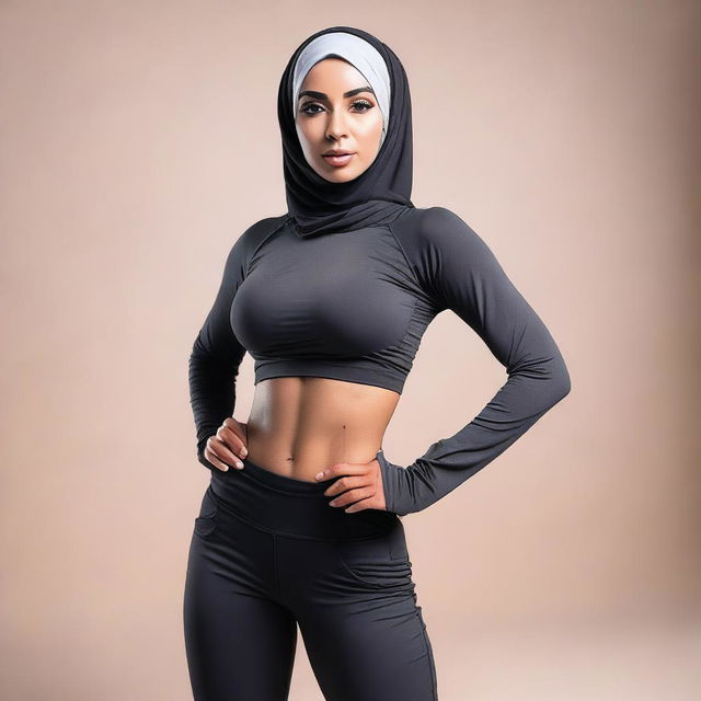 A woman wearing a hijab and tight workout clothing with a large chest, in a seductive pose