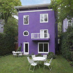 A three-story house with purple walls, featuring white windows and doors. Nestled in the yard are a white table and chairs.