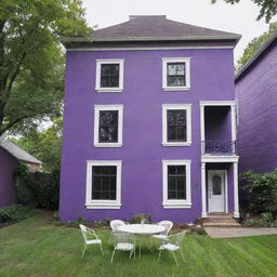 A three-story house with purple walls, featuring white windows and doors. Nestled in the yard are a white table and chairs.