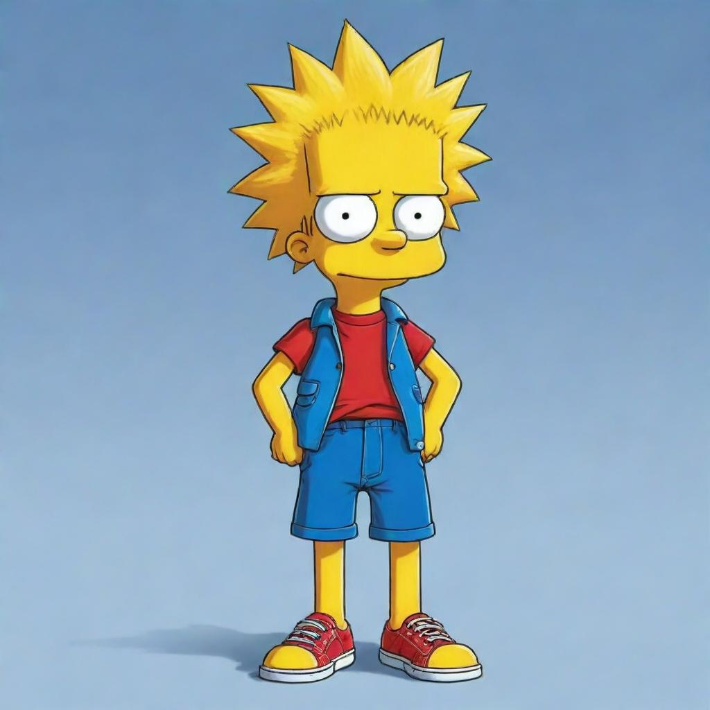 A full-body cartoonish illustration of Bart Simpson, sporting his classic red shirt, blue shorts, and spikey yellow hair, depicted in his familiar, mischievous stance.