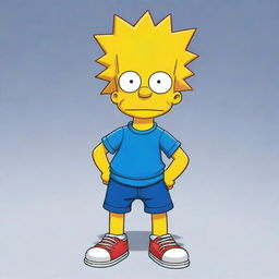 A full-body cartoonish illustration of Bart Simpson, sporting his classic red shirt, blue shorts, and spikey yellow hair, depicted in his familiar, mischievous stance.