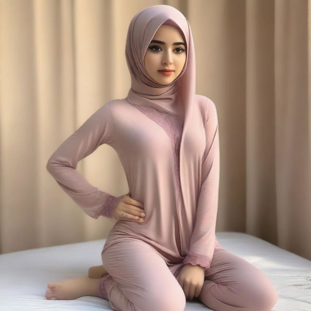 A full-body image of a woman wearing a hijab and thin sleepwear with a large chest, in a seductive pose