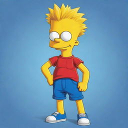 A full-body cartoonish illustration of Bart Simpson, sporting his classic red shirt, blue shorts, and spikey yellow hair, depicted in his familiar, mischievous stance.