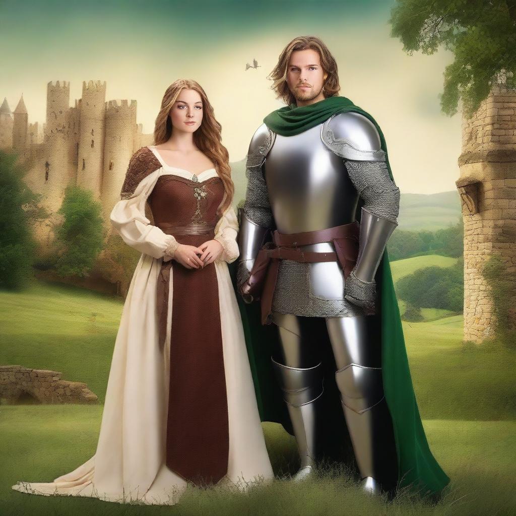 Create a book cover featuring a valiant knight in shining armor standing protectively beside a beautiful damsel