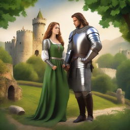 Create a book cover featuring a valiant knight in shining armor standing protectively beside a beautiful damsel