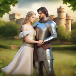 Create a book cover featuring a valiant knight in shining armor standing protectively beside a beautiful damsel