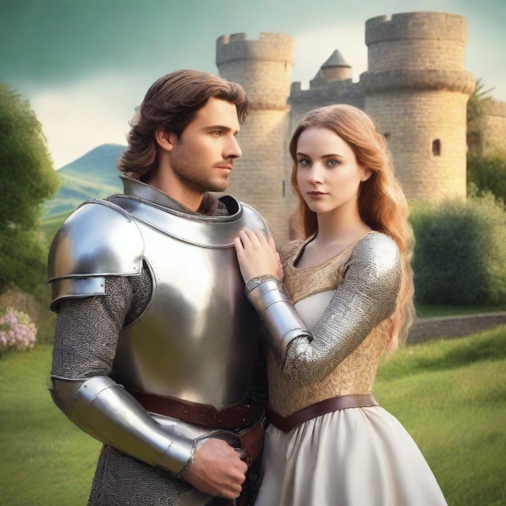 Create a book cover featuring a valiant knight in shining armor standing protectively beside a beautiful damsel