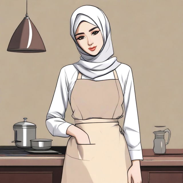 A woman wearing a hijab and a thin apron with a large chest, in a seductive pose