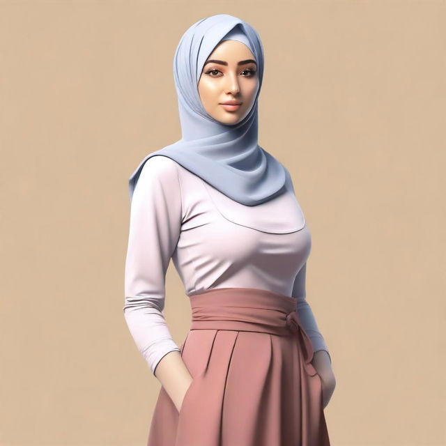 A realistic image of a woman wearing a hijab and a thin apron, with a large chest and hips, in a seductive pose