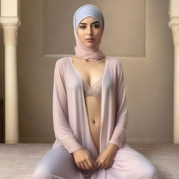 A woman wearing a hijab and a thin nightgown with a large chest, in a seductive pose