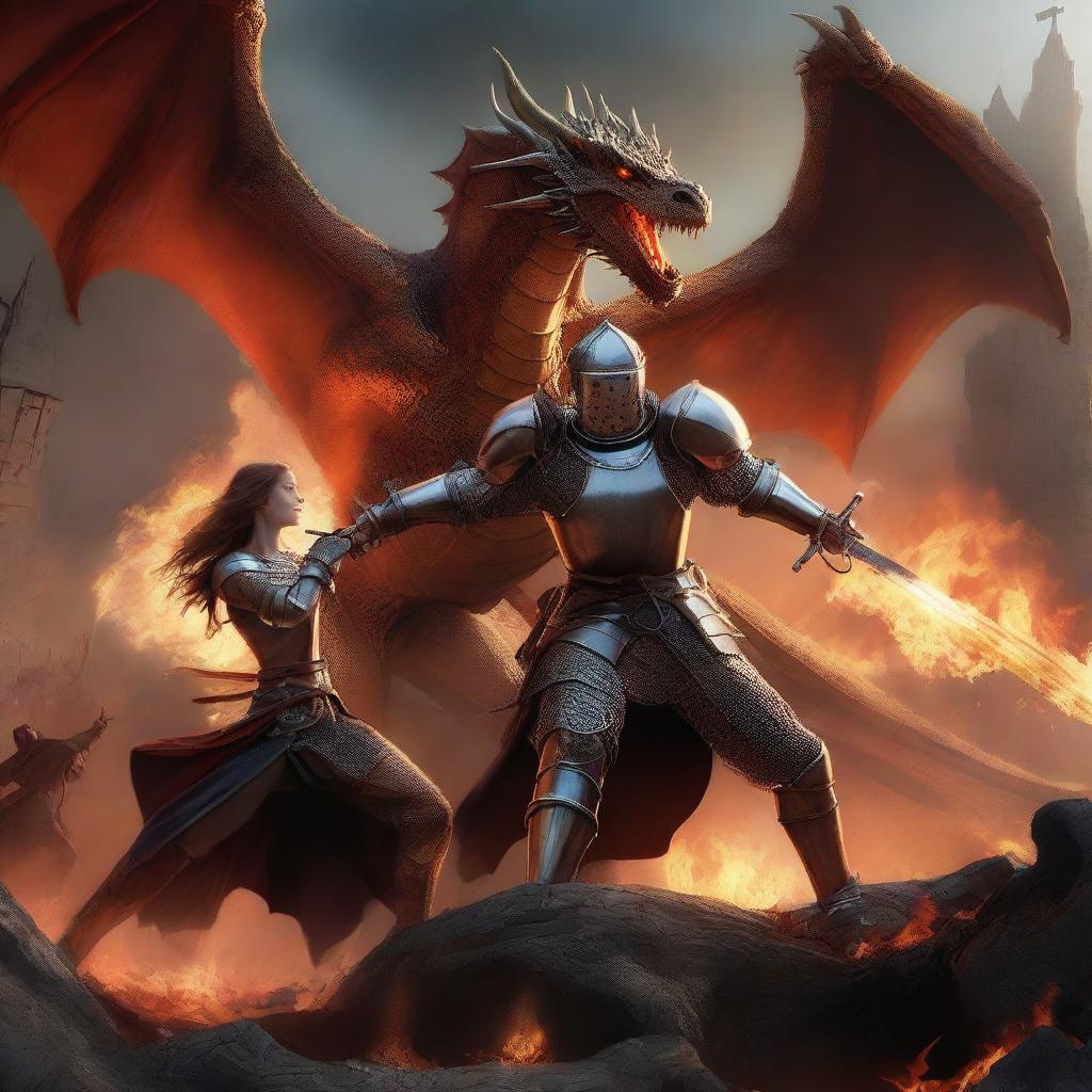 A fierce dragon engaged in combat with a brave knight and a damsel