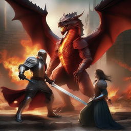 A fierce dragon engaged in combat with a brave knight and a damsel